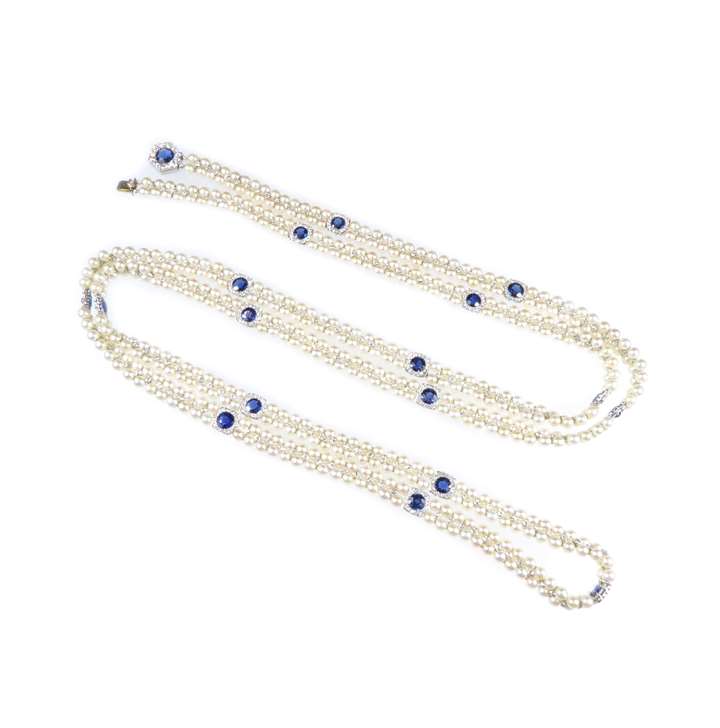 Two-row pearl, sapphire and diamond long chain necklace